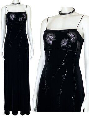 Vintage Y2K Black Velvet Beaded Prom Formal Dress. XS/S Sz 4. Whimsigoth Gothic